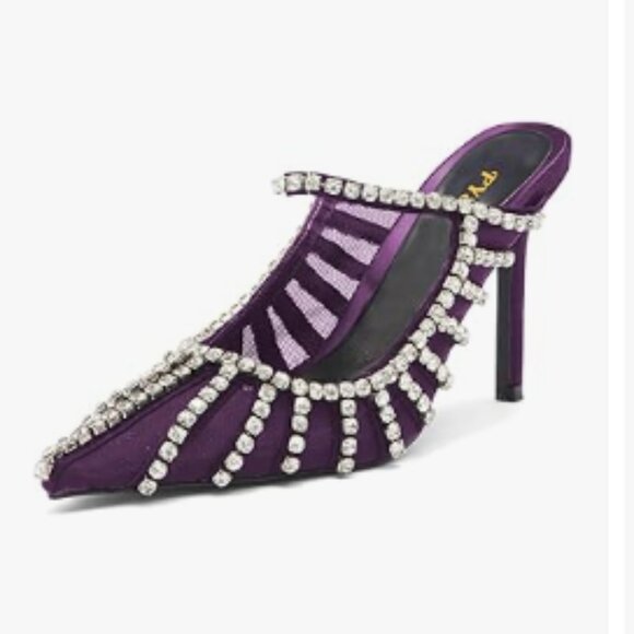 FYS Women Slip on Pointed Toe Mules Bridal Sandals Rhinestone Strappy Purple - Picture 1 of 8